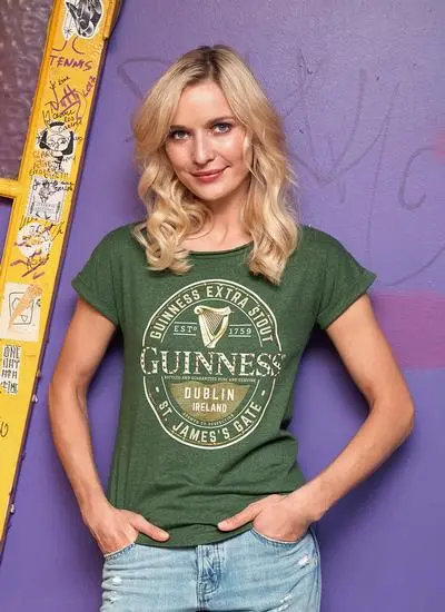 Ladies Guinness Label Moss Green Stud T-Shirt